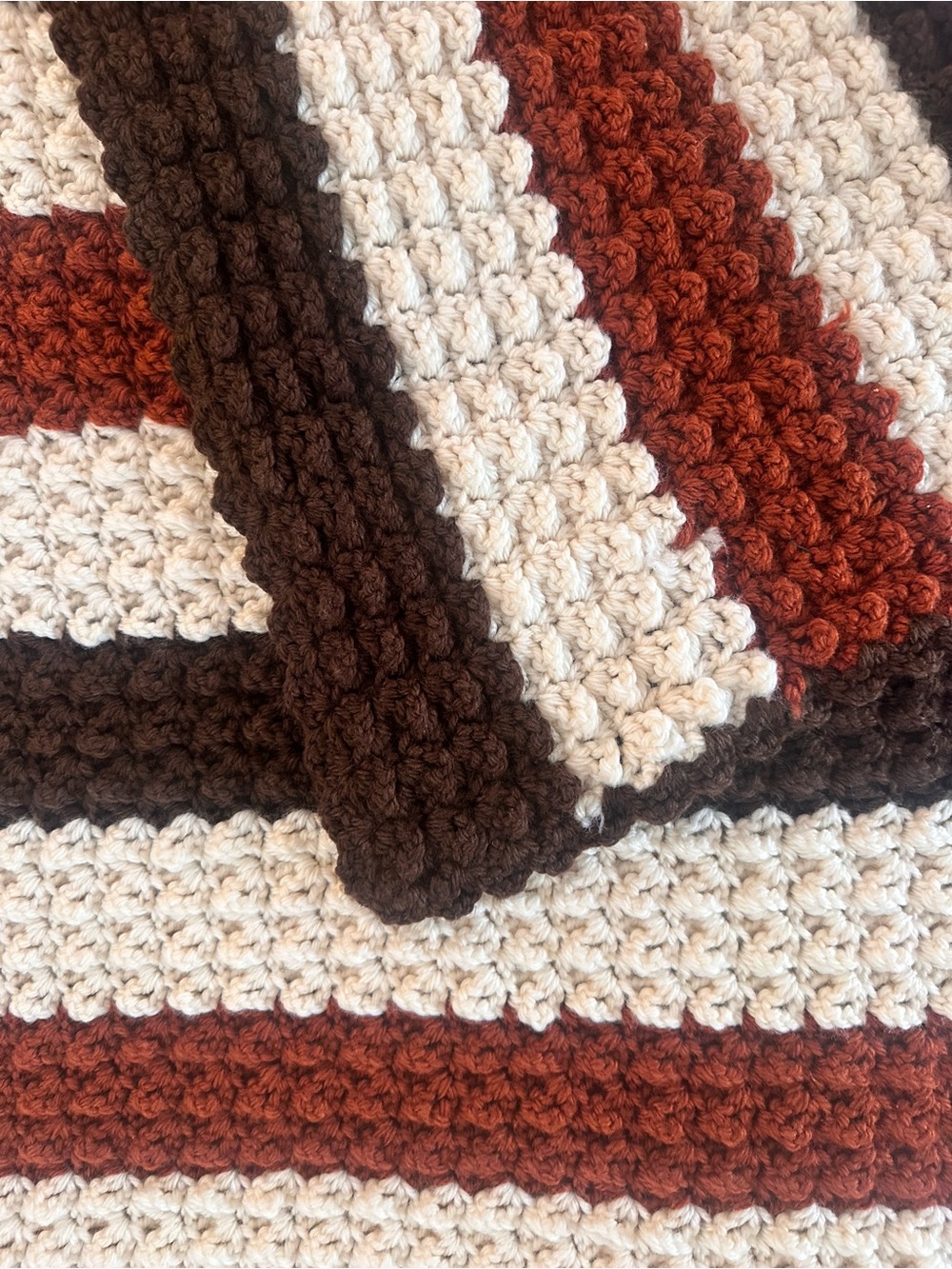 Handmade Crochet Queen Size Afghan Blanket Cream Rust Brown Striped Cozy Vintage